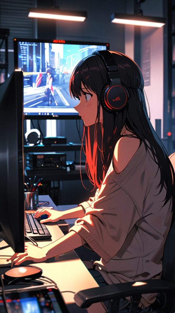 Leonardo_Anime_XL_beauty_girl_red_black_hair_facing_monitor_mo_1