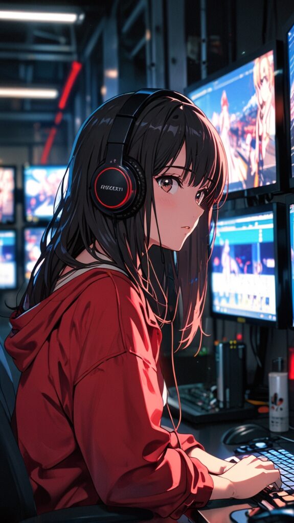 Leonardo_Anime_XL_beauty_girl_red_black_hair_facing_monitor_mo_3